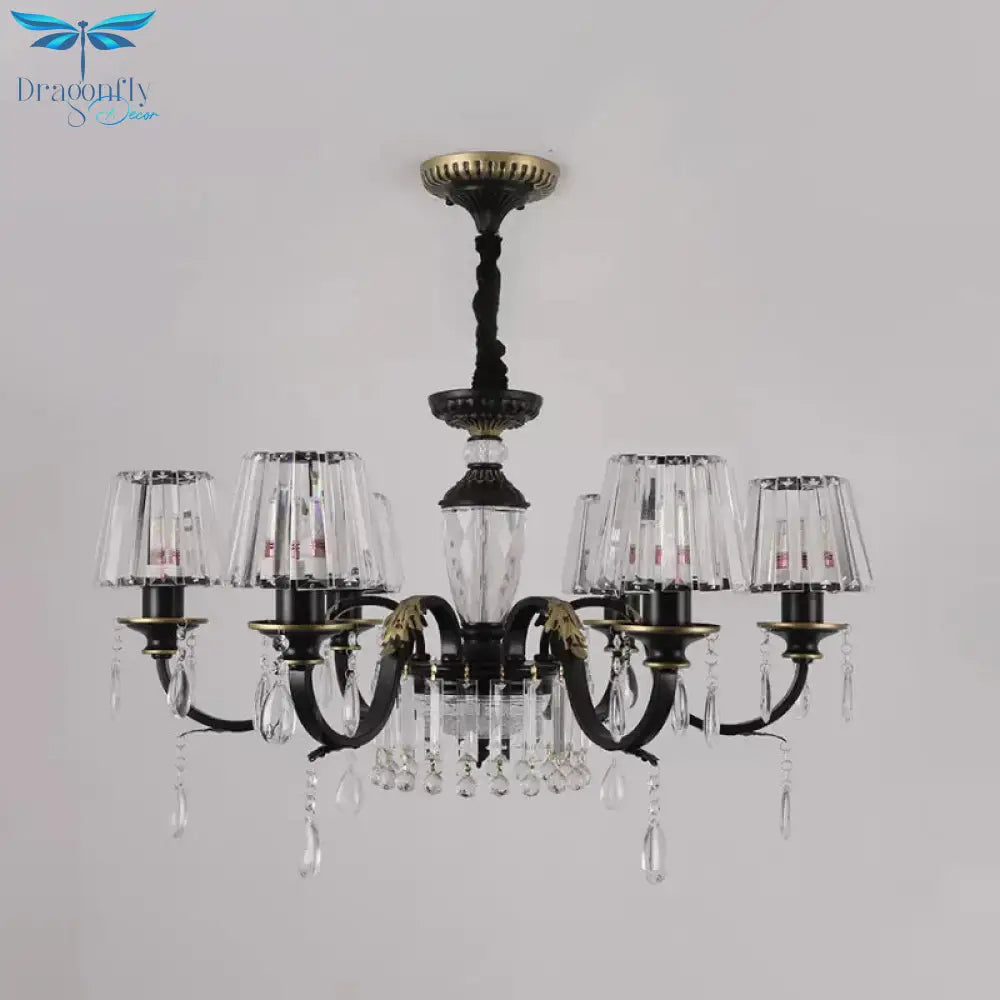 Traditional Cone Down Lighting 6/8 Heads Clear Crystal Glass Chandelier Light Fixture In Black With