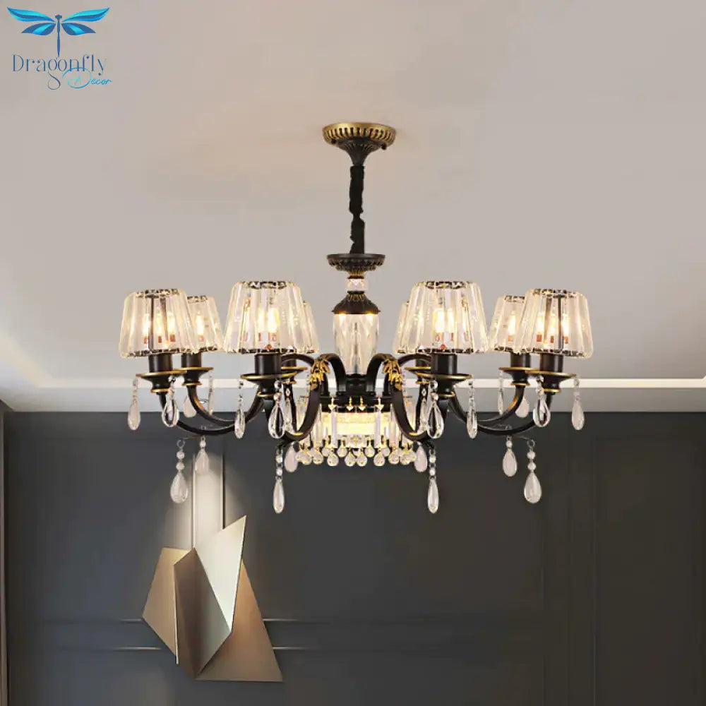 Traditional Cone Down Lighting 6/8 Heads Clear Crystal Glass Chandelier Light Fixture In Black With