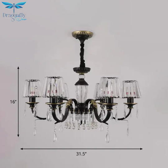 Traditional Cone Down Lighting 6/8 Heads Clear Crystal Glass Chandelier Light Fixture In Black With