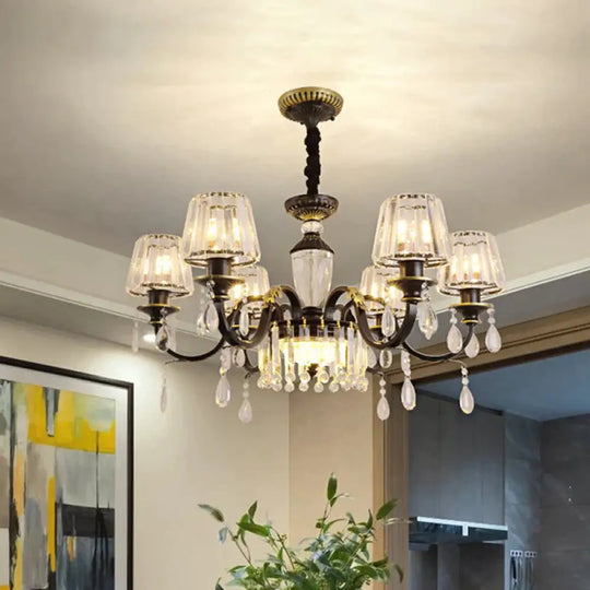 Traditional Cone Down Lighting 6/8 Heads Clear Crystal Glass Chandelier Light Fixture In Black With