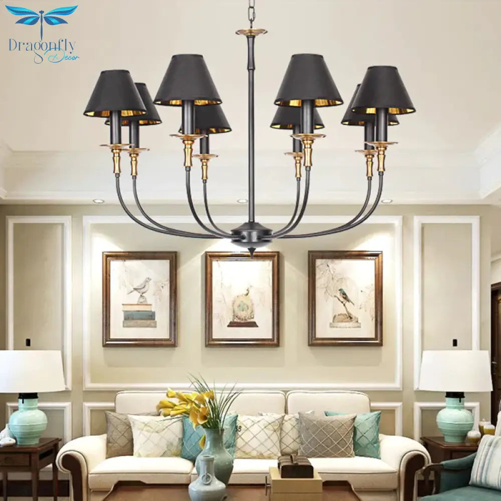 Traditional Cone Shape Chandelier 3/4/6 - Head Fabric Hanging Pendant In Black/Chrome With Swooping