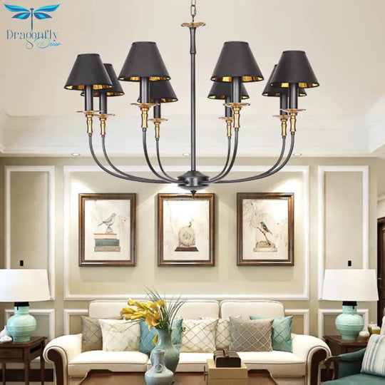 Traditional Cone Shape Chandelier 3/4/6 - Head Fabric Hanging Pendant In Black/Chrome With Swooping