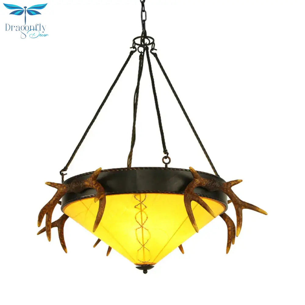 Traditional Cone Shaped Hanging Lamp 3 Bulbs Fabric Chandelier Light Fixture In White/Yellow For