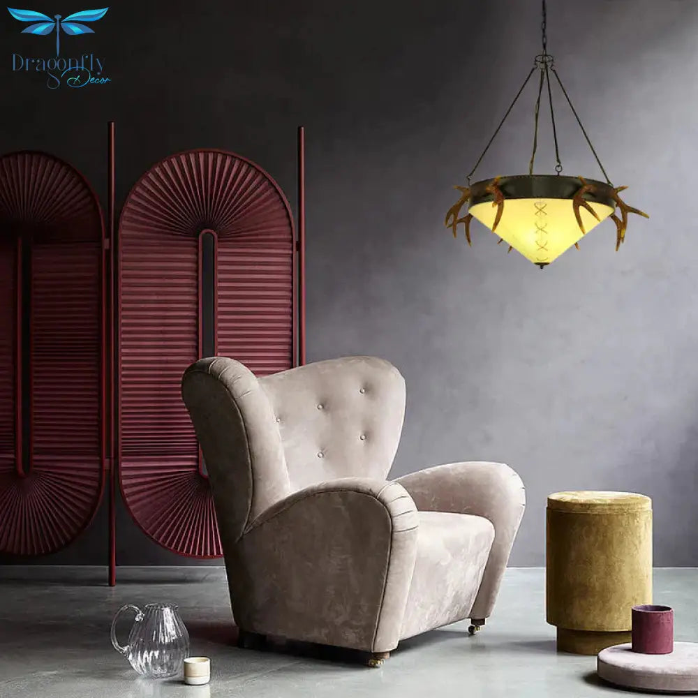 Traditional Cone Shaped Hanging Lamp 3 Bulbs Fabric Chandelier Light Fixture In White/Yellow For