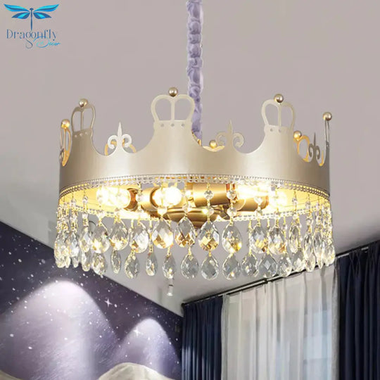 Traditional Crown Chandelier Lamp 6 Heads Clear Crystal Accents Suspension Light In Gold
