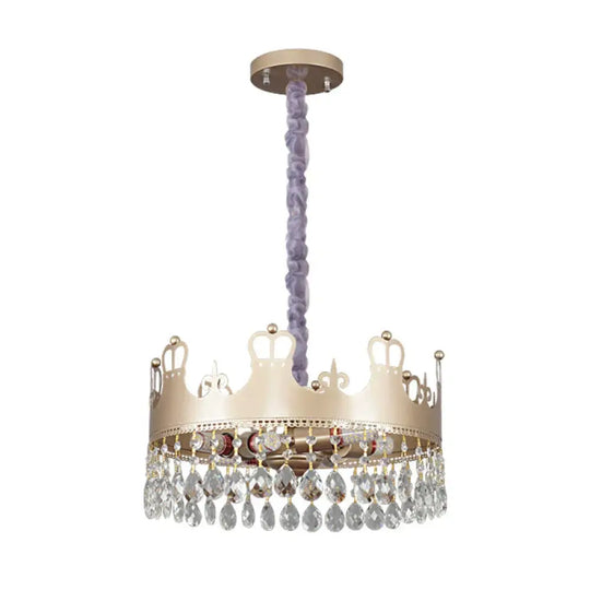 Traditional Crown Chandelier Lamp 6 Heads Clear Crystal Accents Suspension Light In Gold