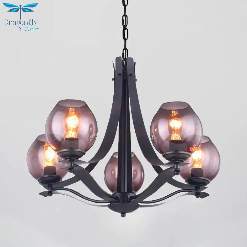 Traditional Cup Shaped Hanging Lighting 5 Heads Grey Glass Chandelier Pendant Lamp In Black