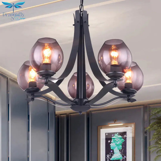Traditional Cup Shaped Hanging Lighting 5 Heads Grey Glass Chandelier Pendant Lamp In Black