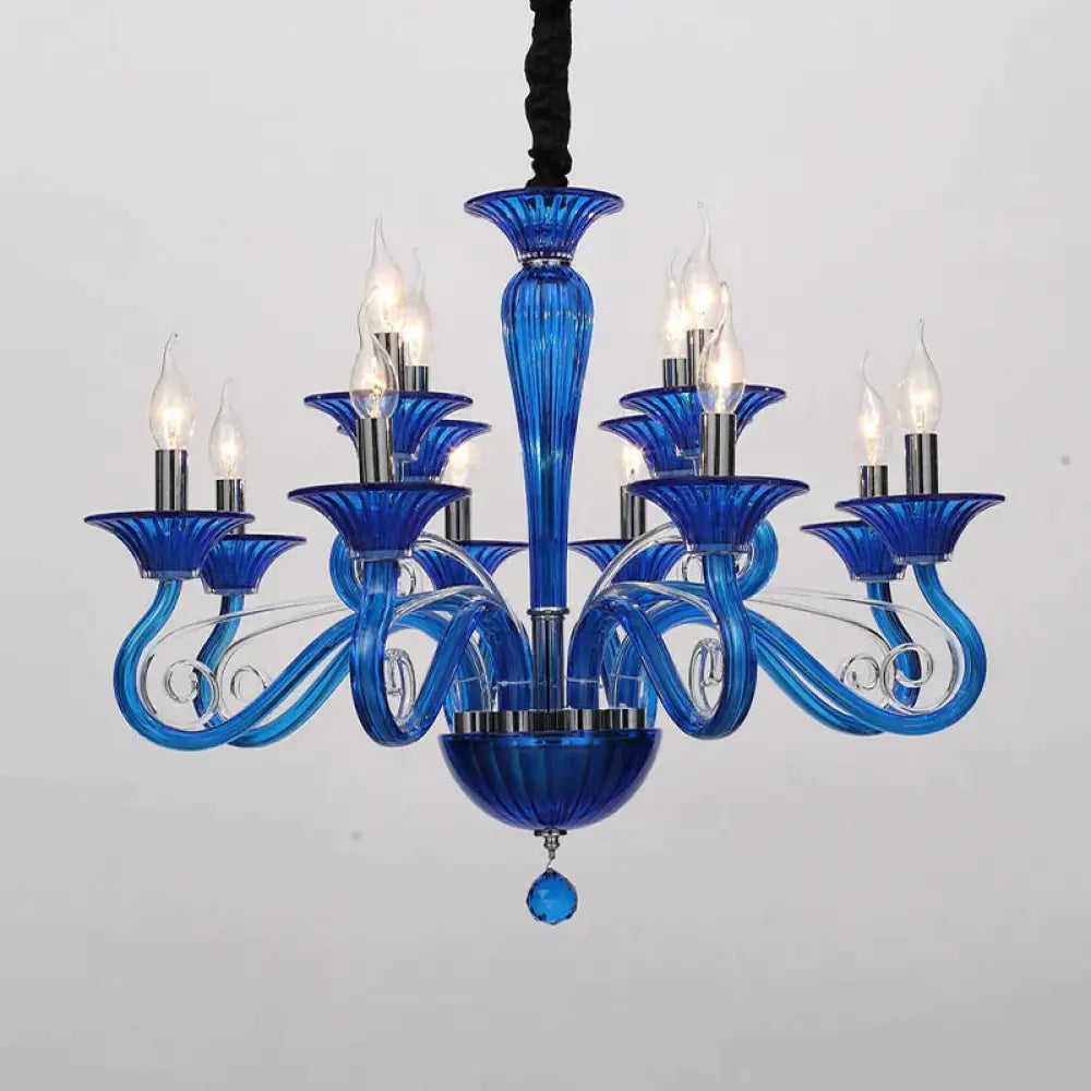 Traditional Curved Arm Pendant Chandelier 6/8/10 Heads White/Black/Blue Glass Ceiling Hanging Light