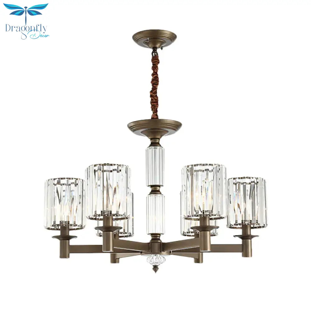 Traditional Cylindrical Pendant Light Fixture 6 Heads Crystal Hanging Chandelier In Brass