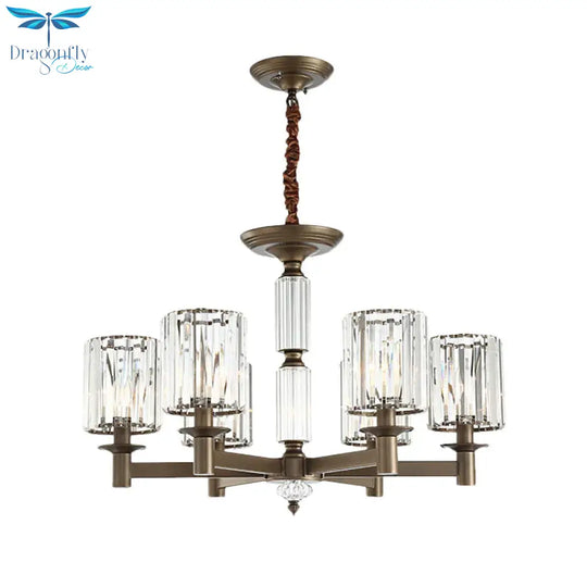 Traditional Cylindrical Pendant Light Fixture 6 Heads Crystal Hanging Chandelier In Brass