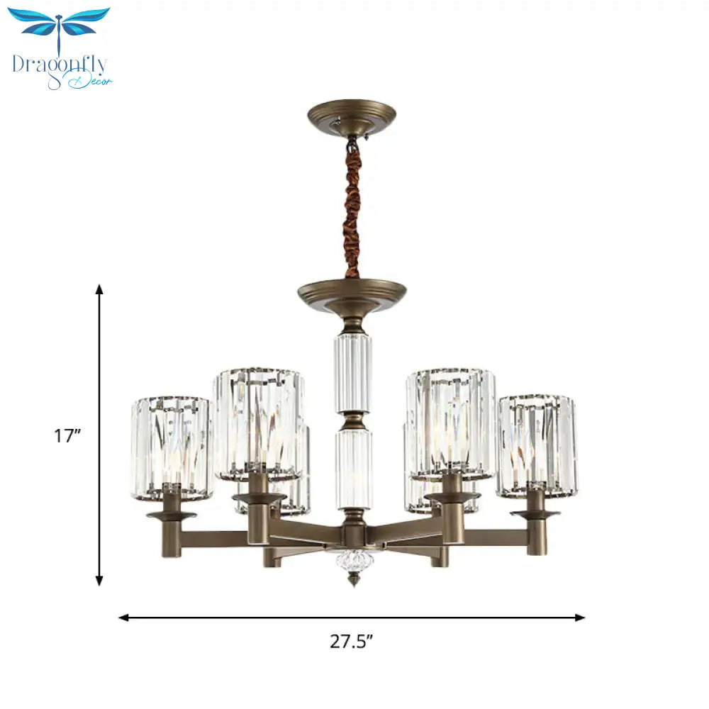 Traditional Cylindrical Pendant Light Fixture 6 Heads Crystal Hanging Chandelier In Brass