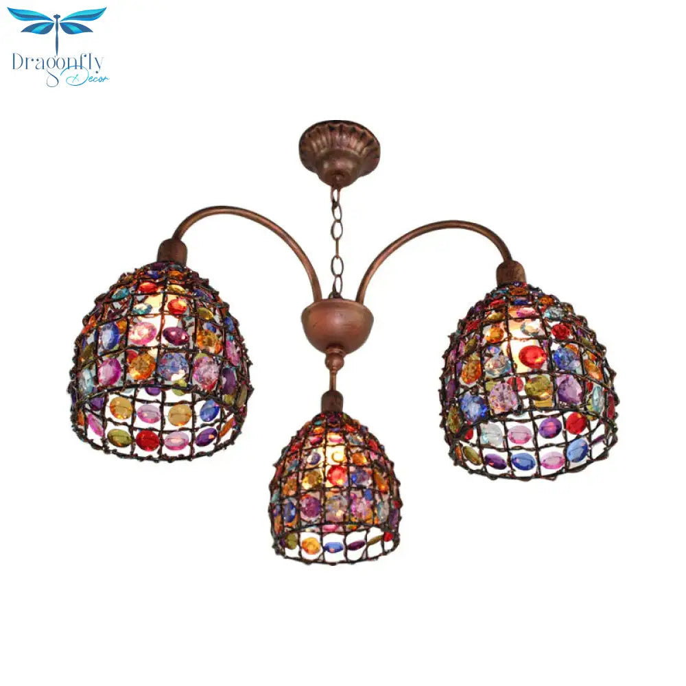 Traditional Dome Chandelier Lighting Fixture 3 Heads Metal Drop Pendant In Bronze For Bedroom