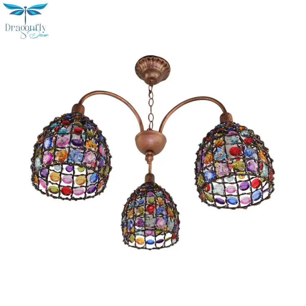 Traditional Dome Chandelier Lighting Fixture 3 Heads Metal Drop Pendant In Bronze For Bedroom