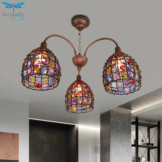 Traditional Dome Chandelier Lighting Fixture 3 Heads Metal Drop Pendant In Bronze For Bedroom