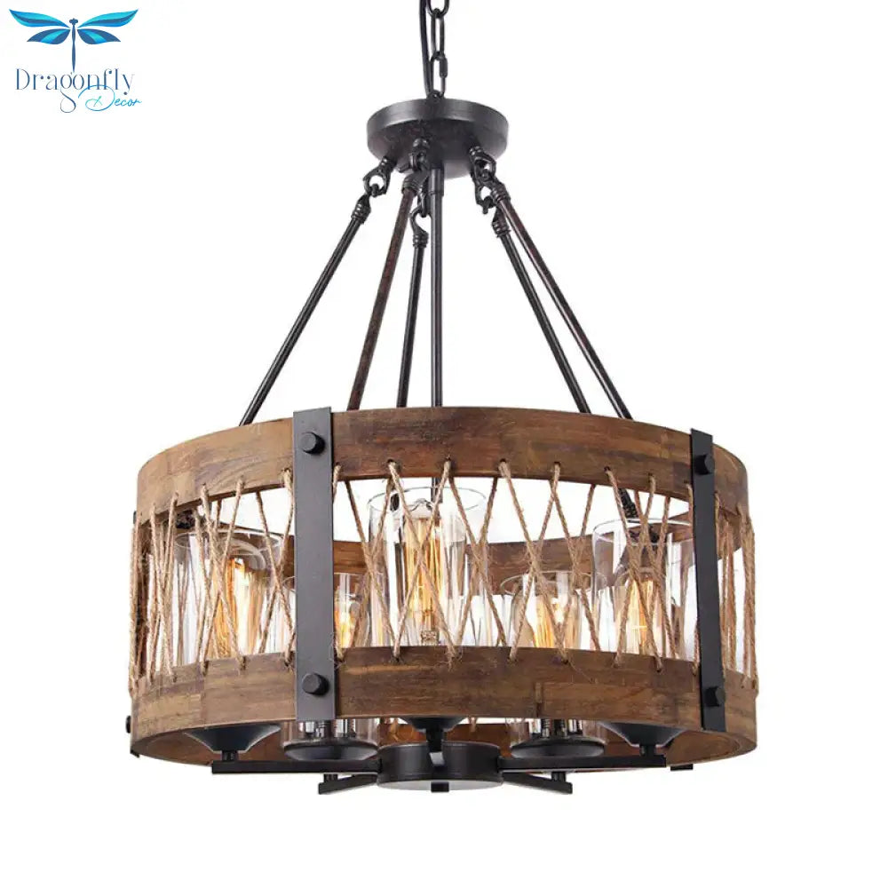 Traditional Drum Shaped Hanging Lamp 5 Bulbs Wooden Chandelier Light Fixture In Brown
