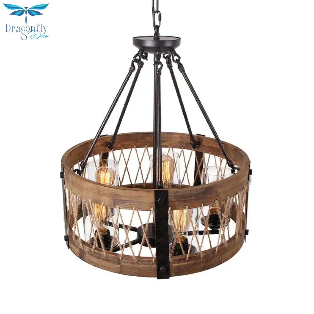 Traditional Drum Shaped Hanging Lamp 5 Bulbs Wooden Chandelier Light Fixture In Brown