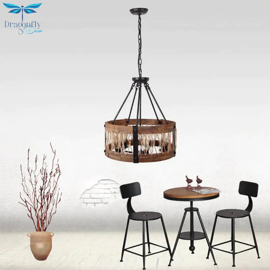 Traditional Drum Shaped Hanging Lamp 5 Bulbs Wooden Chandelier Light Fixture In Brown