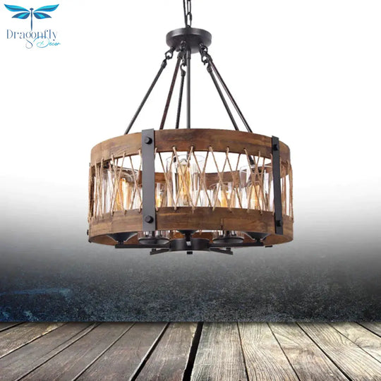 Traditional Drum Shaped Hanging Lamp 5 Bulbs Wooden Chandelier Light Fixture In Brown