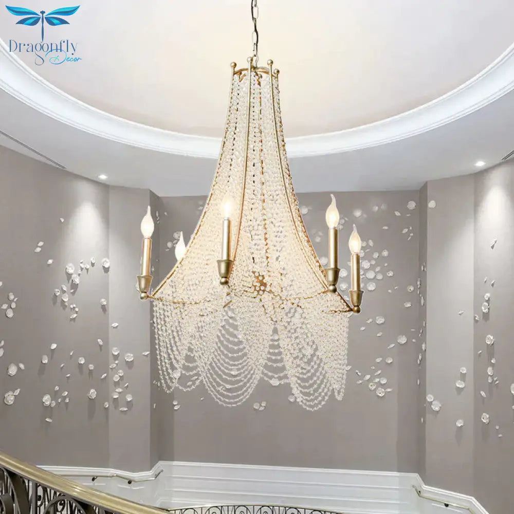 Traditional Flared Chandelier Light 6 Lights Crystal Strand Suspension Lighting In Gold