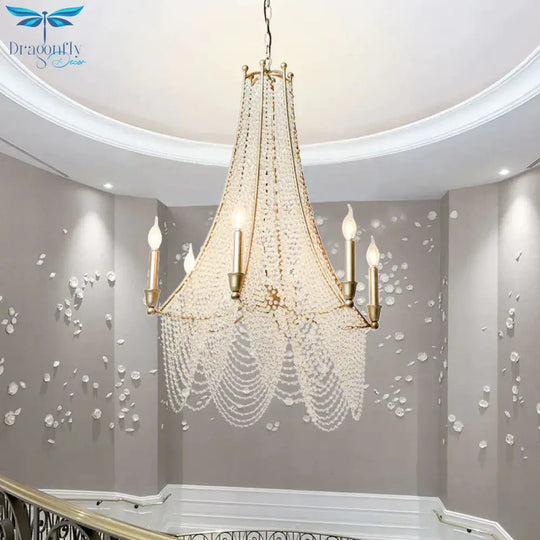 Traditional Flared Chandelier Light 6 Lights Crystal Strand Suspension Lighting In Gold