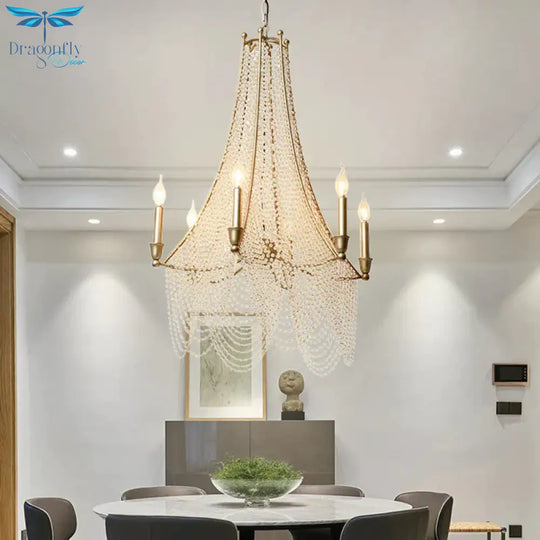 Traditional Flared Chandelier Light 6 Lights Crystal Strand Suspension Lighting In Gold