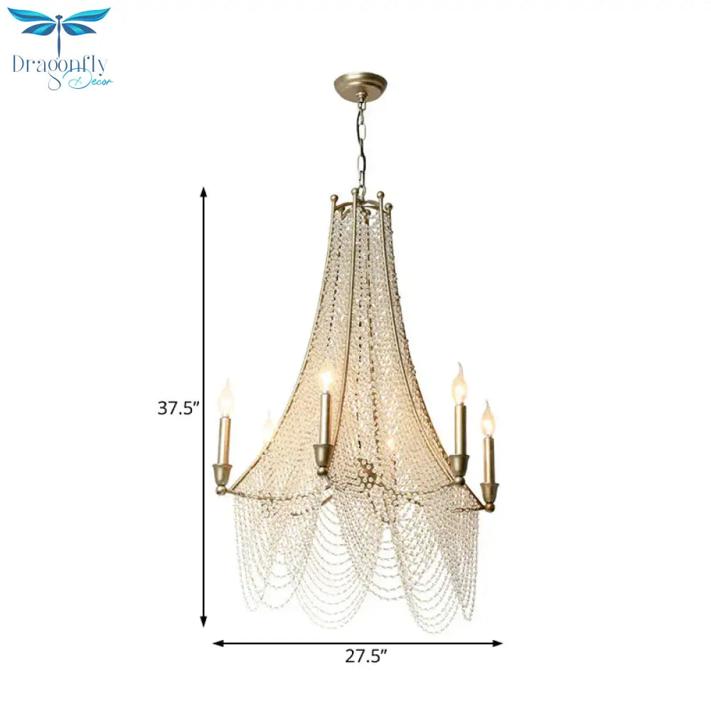 Traditional Flared Chandelier Light 6 Lights Crystal Strand Suspension Lighting In Gold