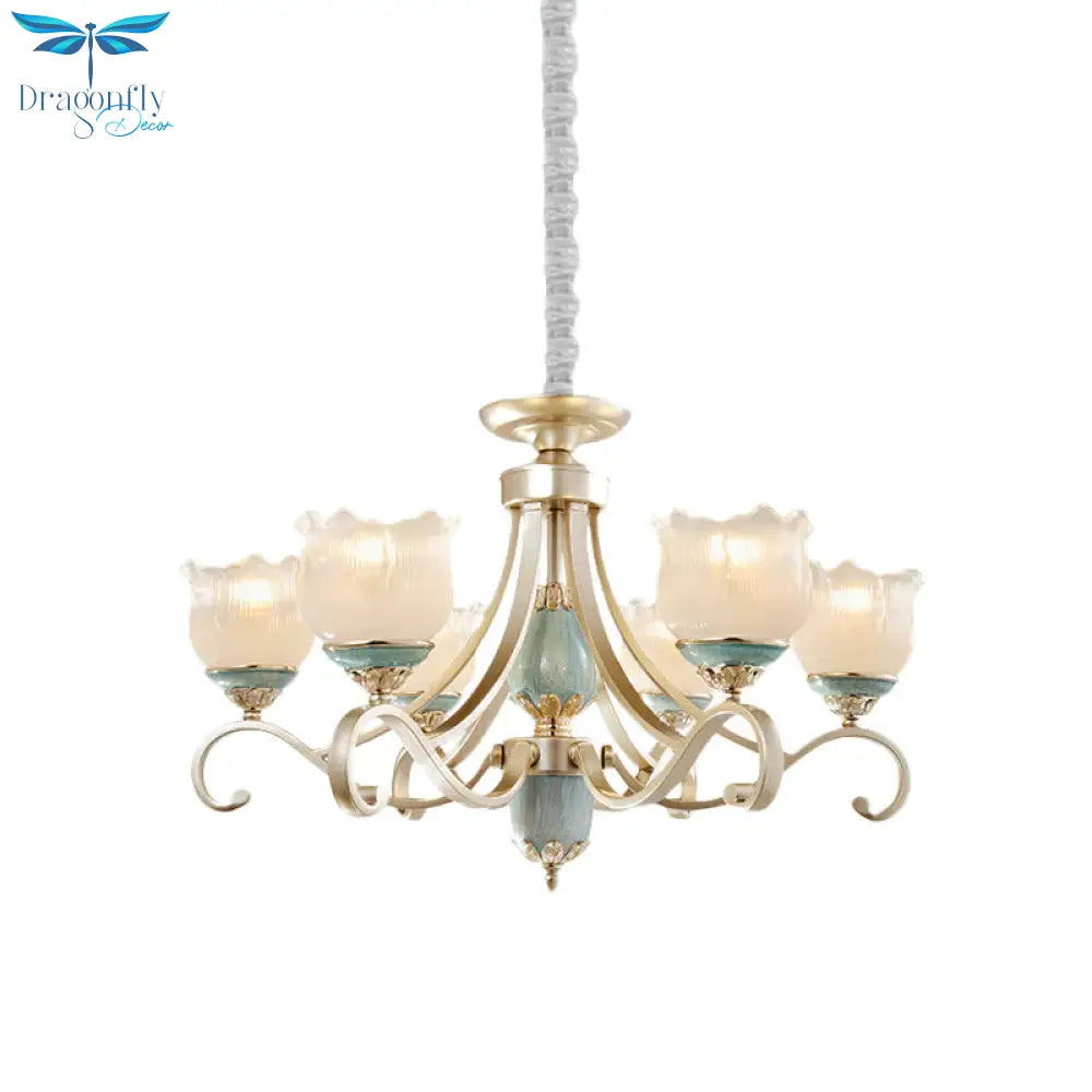 Traditional Floral Ceiling Chandelier 3/5/6 Lights Frosted Glass Pendant Lighting Fixture In Gold