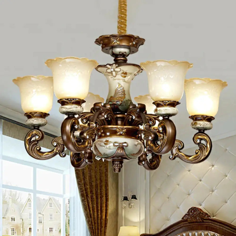 Traditional Floral Shade Chandelier Light 6/8 Lights Cream Glass Suspended Lighting Fixture In