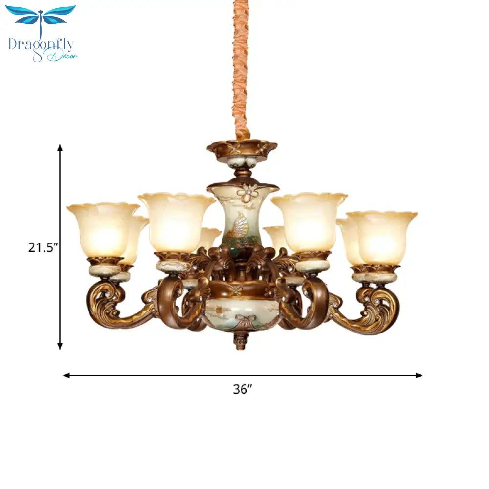 Traditional Floral Shade Chandelier Light 6/8 Lights Cream Glass Suspended Lighting Fixture In Brown