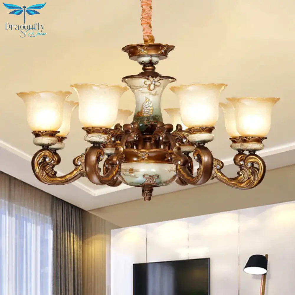 Traditional Floral Shade Chandelier Light 6/8 Lights Cream Glass Suspended Lighting Fixture In Brown