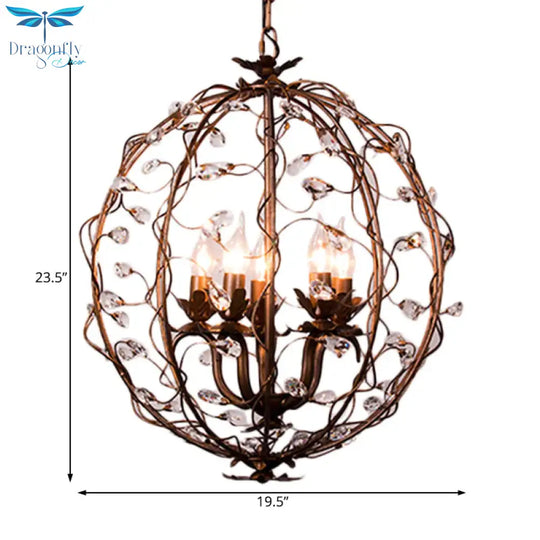 Traditional Globe Hanging Chandelier Metal 3/5 Bulbs Suspension Light In Antique Brass With Crystal