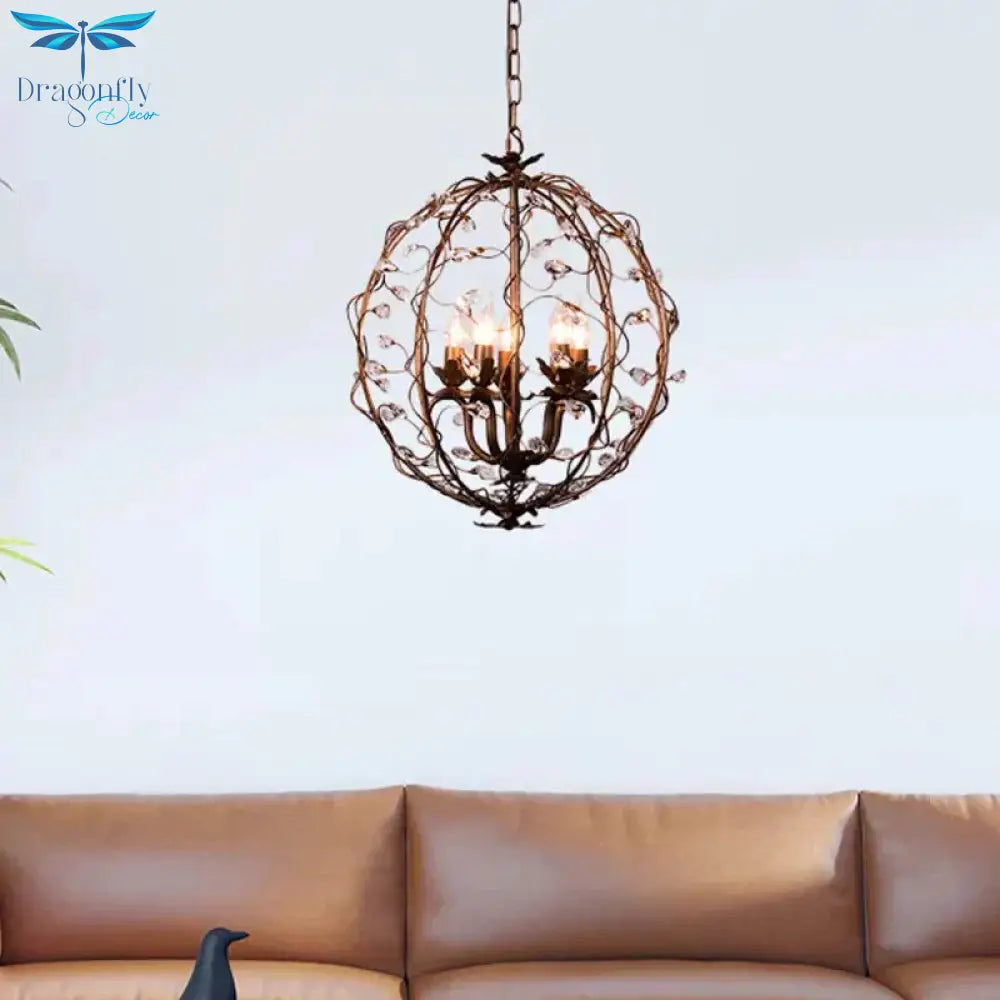 Traditional Globe Hanging Chandelier Metal 3/5 Bulbs Suspension Light In Antique Brass With Crystal