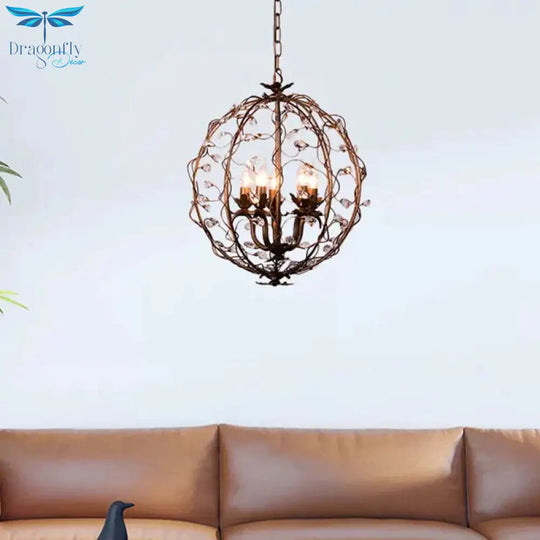 Traditional Globe Hanging Chandelier Metal 3/5 Bulbs Suspension Light In Antique Brass With Crystal