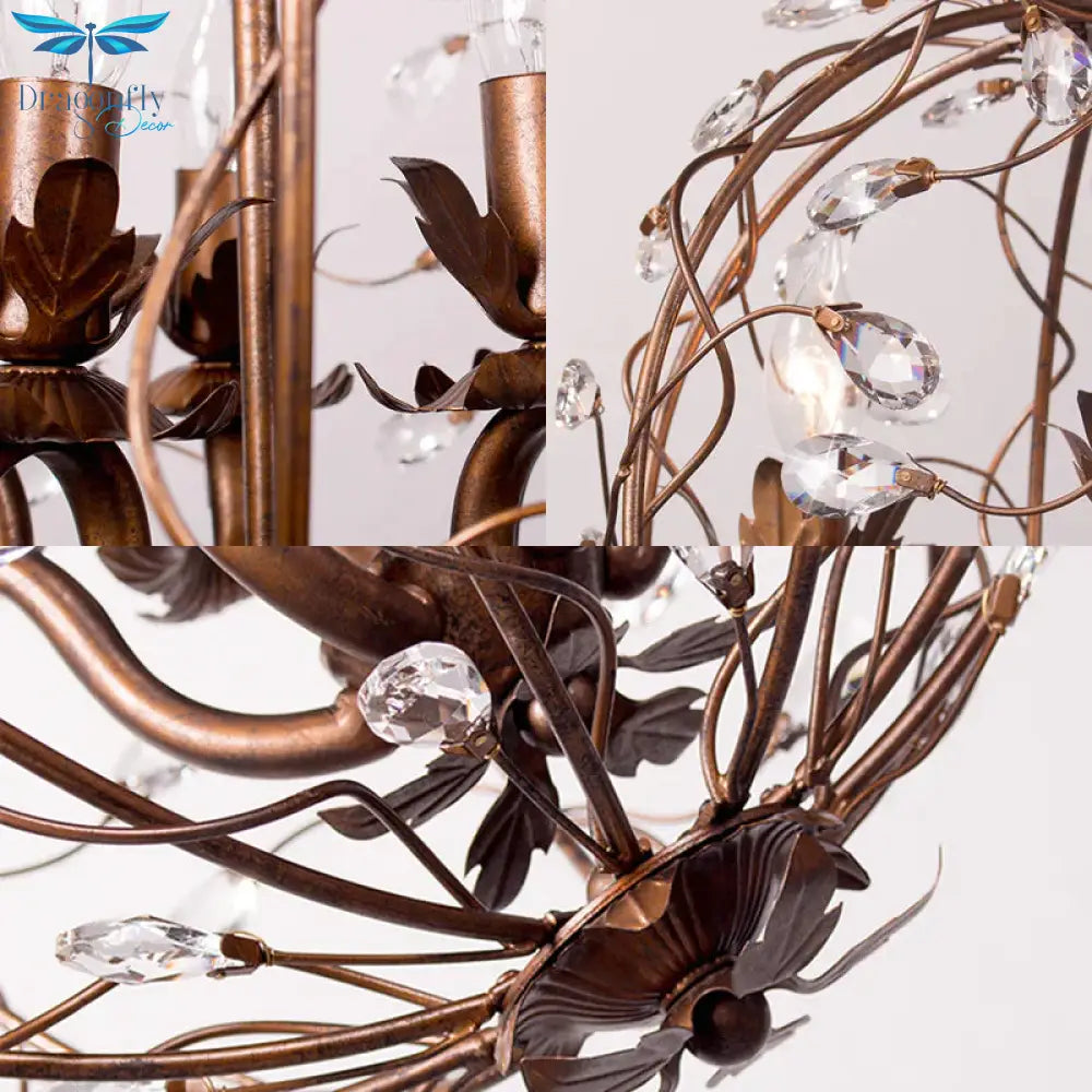 Traditional Globe Hanging Chandelier Metal 3/5 Bulbs Suspension Light In Antique Brass With Crystal
