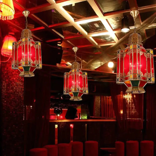 Traditional Lantern Hanging Lamp 4 Lights Red Glass Chandelier Lighting Fixture In Brass For