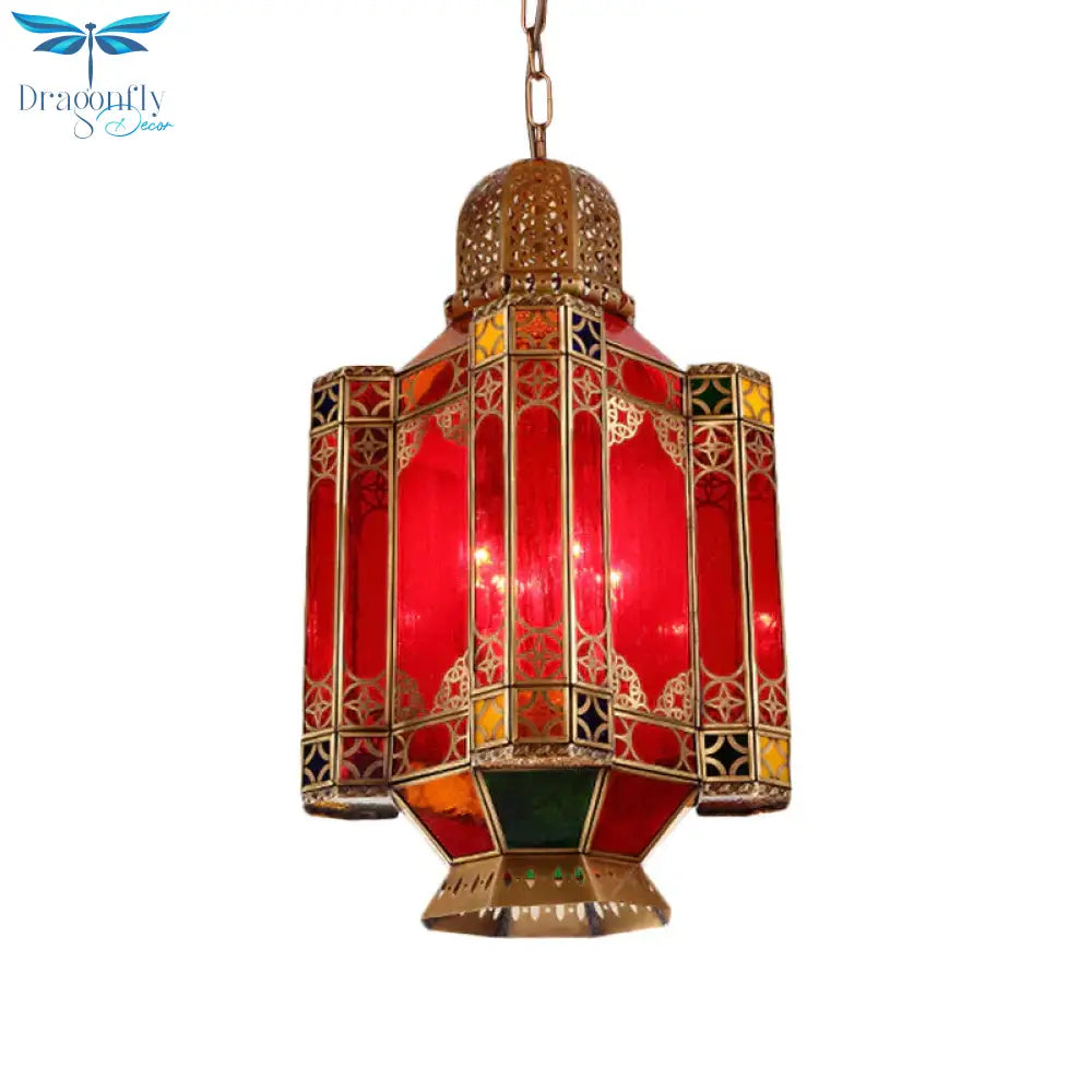 Traditional Lantern Hanging Lamp 4 Lights Red Glass Chandelier Lighting Fixture In Brass For