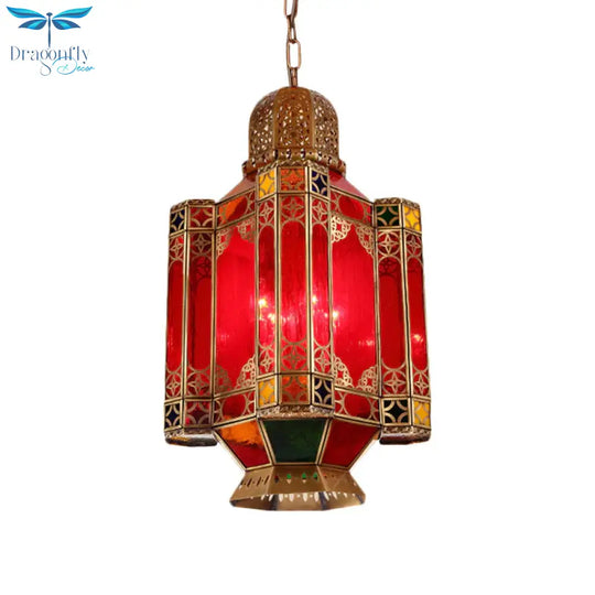 Traditional Lantern Hanging Lamp 4 Lights Red Glass Chandelier Lighting Fixture In Brass For