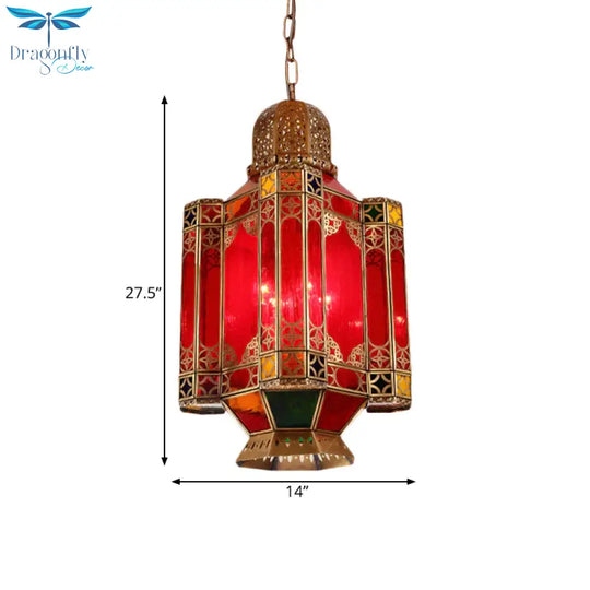 Traditional Lantern Hanging Lamp 4 Lights Red Glass Chandelier Lighting Fixture In Brass For