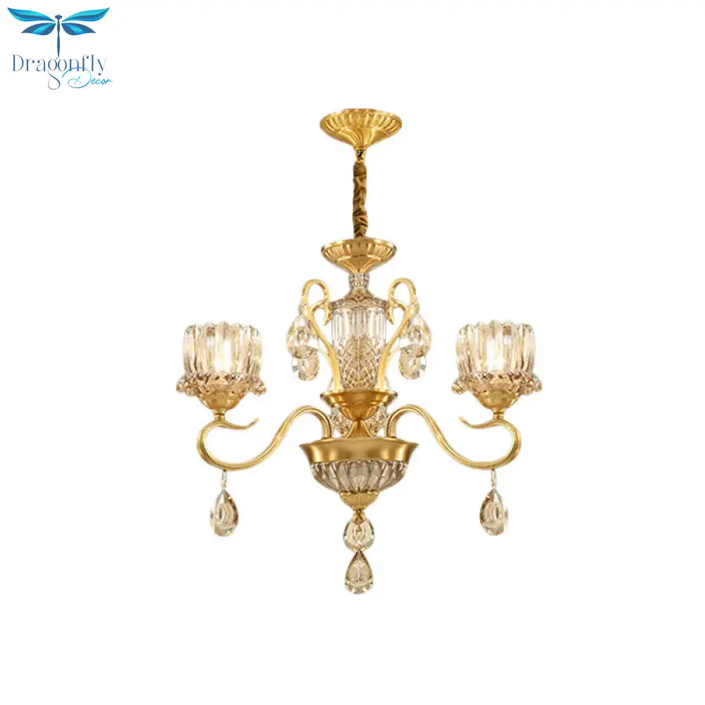 Traditional Lotus Hanging Chandelier 3/5 - Light Clear Crystal Glass Ceiling Pendant Lamp In Brass