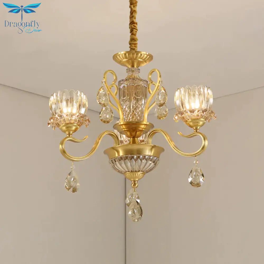 Traditional Lotus Hanging Chandelier 3/5 - Light Clear Crystal Glass Ceiling Pendant Lamp In Brass