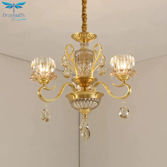 Traditional Lotus Hanging Chandelier 3/5 - Light Clear Crystal Glass Ceiling Pendant Lamp In Brass
