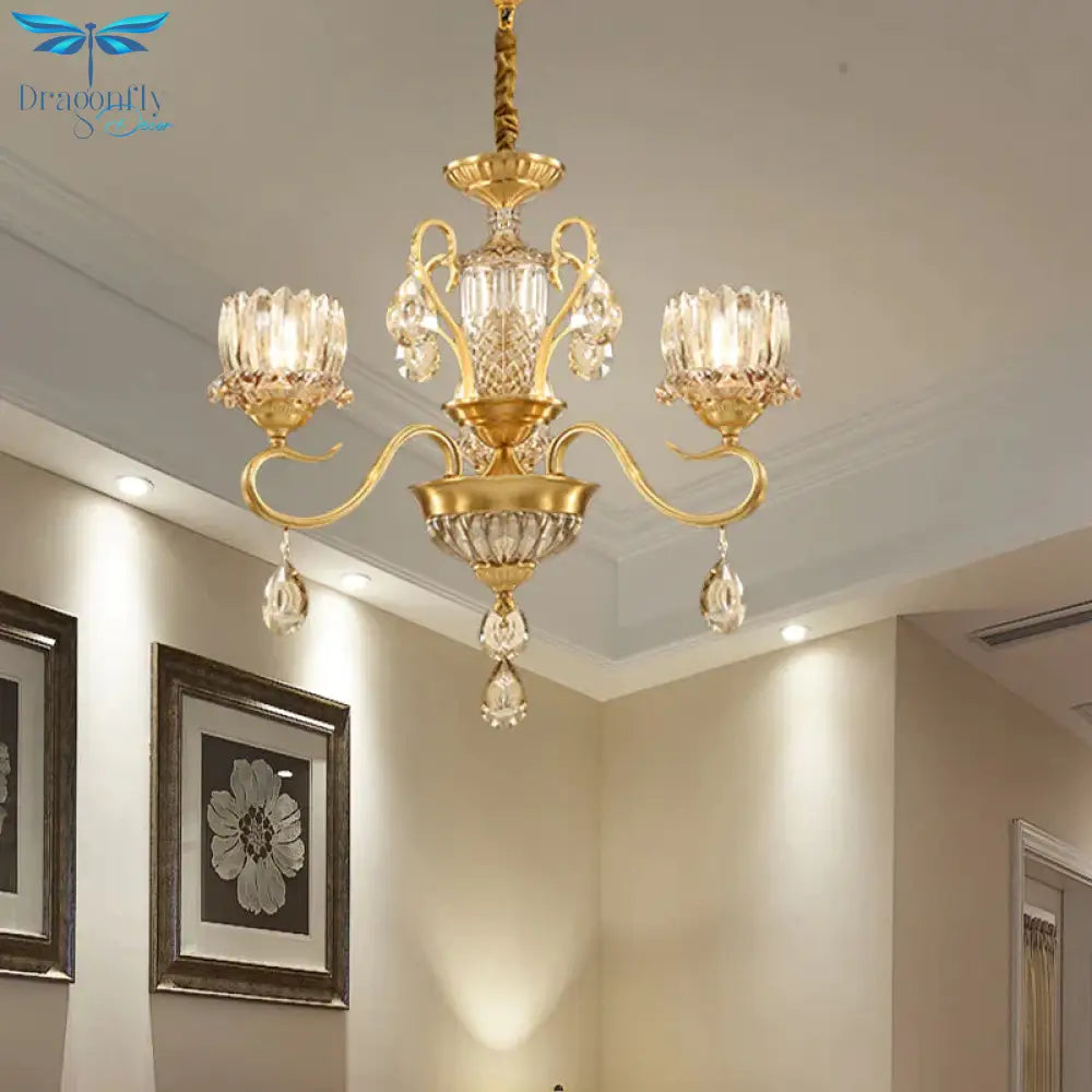 Traditional Lotus Hanging Chandelier 3/5 - Light Clear Crystal Glass Ceiling Pendant Lamp In Brass