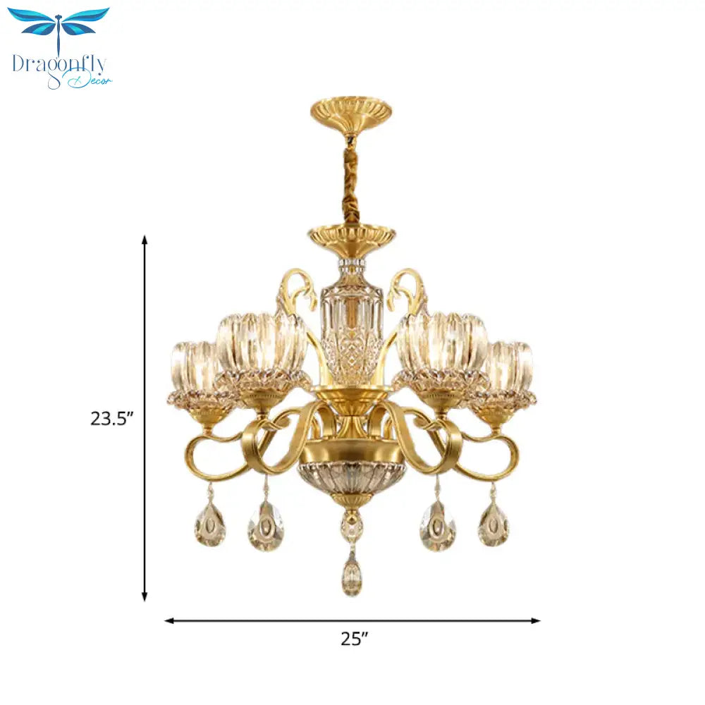 Traditional Lotus Hanging Chandelier 3/5 - Light Clear Crystal Glass Ceiling Pendant Lamp In Brass