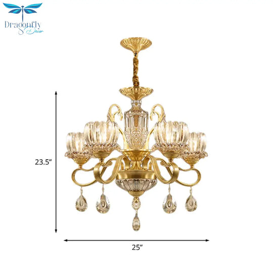 Traditional Lotus Hanging Chandelier 3/5 - Light Clear Crystal Glass Ceiling Pendant Lamp In Brass