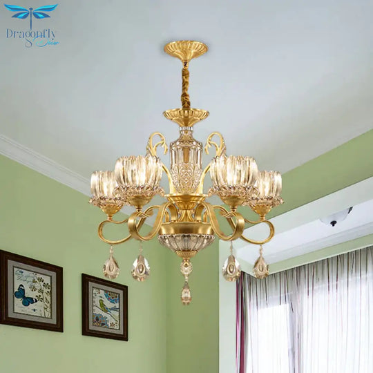 Traditional Lotus Hanging Chandelier 3/5 - Light Clear Crystal Glass Ceiling Pendant Lamp In Brass