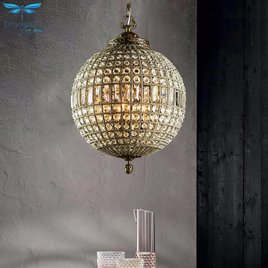 Traditional Orb Hanging Lamp 3 Bulbs Crystal Chandelier Light Fixture In Brass For Living Room