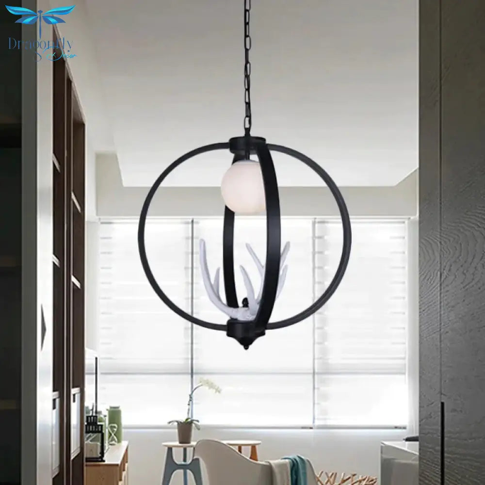 Traditional Orb Hanging Lamp Single Bulb Metal Chandelier Light Fixture With White Glass Shade In