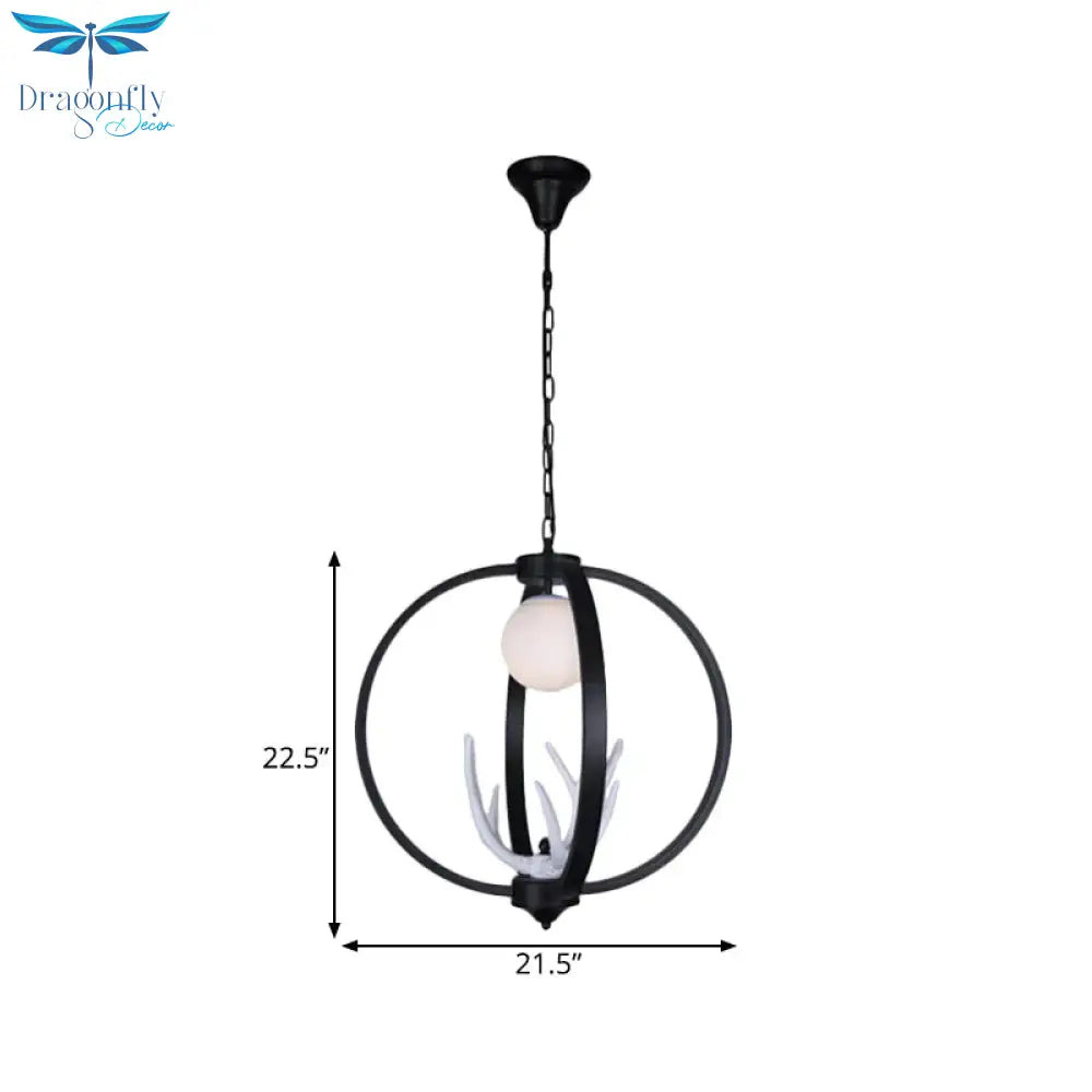 Traditional Orb Hanging Lamp Single Bulb Metal Chandelier Light Fixture With White Glass Shade In