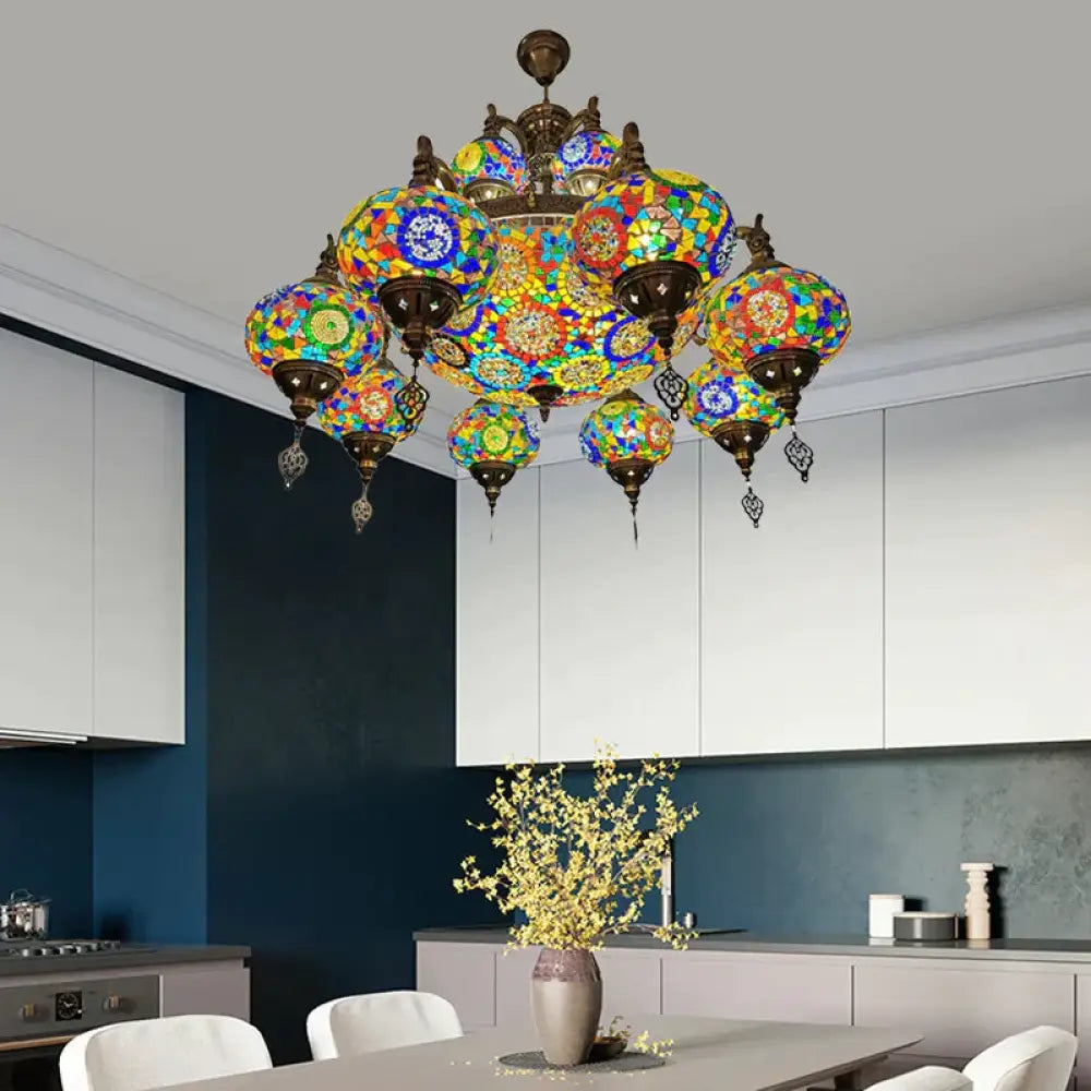 Traditional Oval Ceiling Pendant Light 16 Heads Stained Glass Chandelier Lighting In Bronze